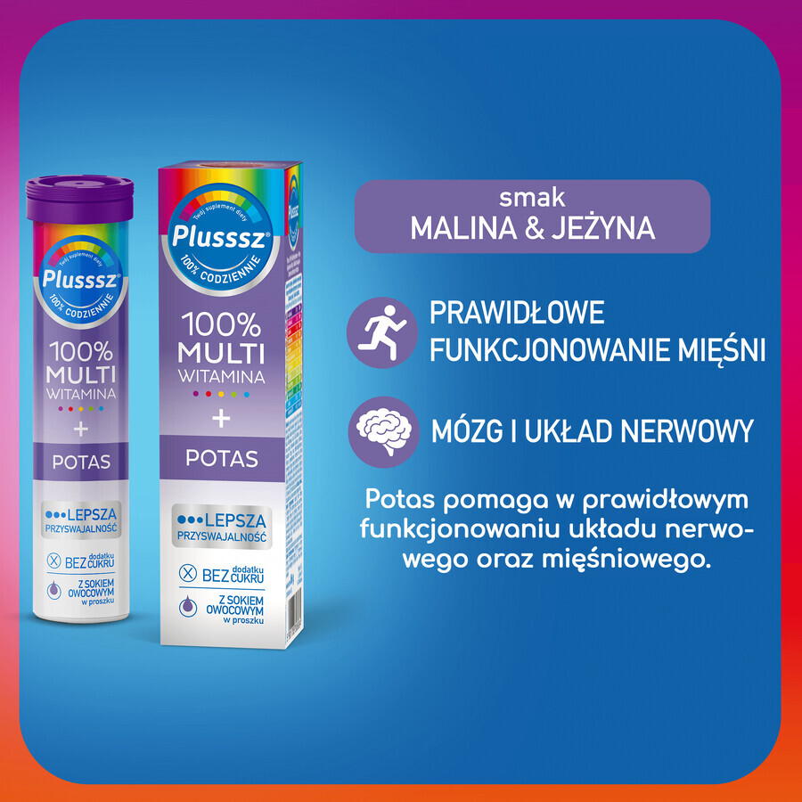 Plusssz 100% Multivitamine + Potasiu, aromă de zmeură și fructe de pădure, 20 comprimate efervescente