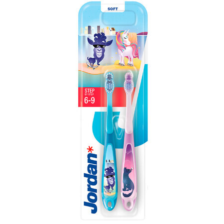 Jordan Step by Step, Brosse à dents pour enfants, 6-9 ans, souple, 2 pièces