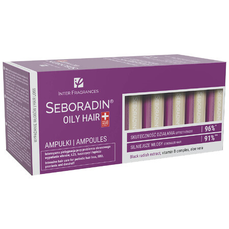 Seboradin Oily Hair, traitement intensif pour les cheveux gras et les cheveux sujets à la mue, 5.5 ml x 14 ampoules