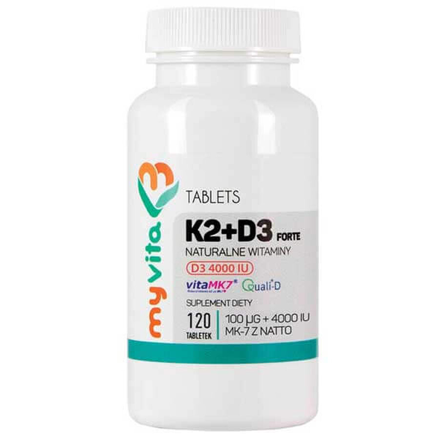 MyVita K2 + D3 Forte, vitamina K MK-7 de natto 100 µg + vitamina D 4000 UI, 120 comprimidos