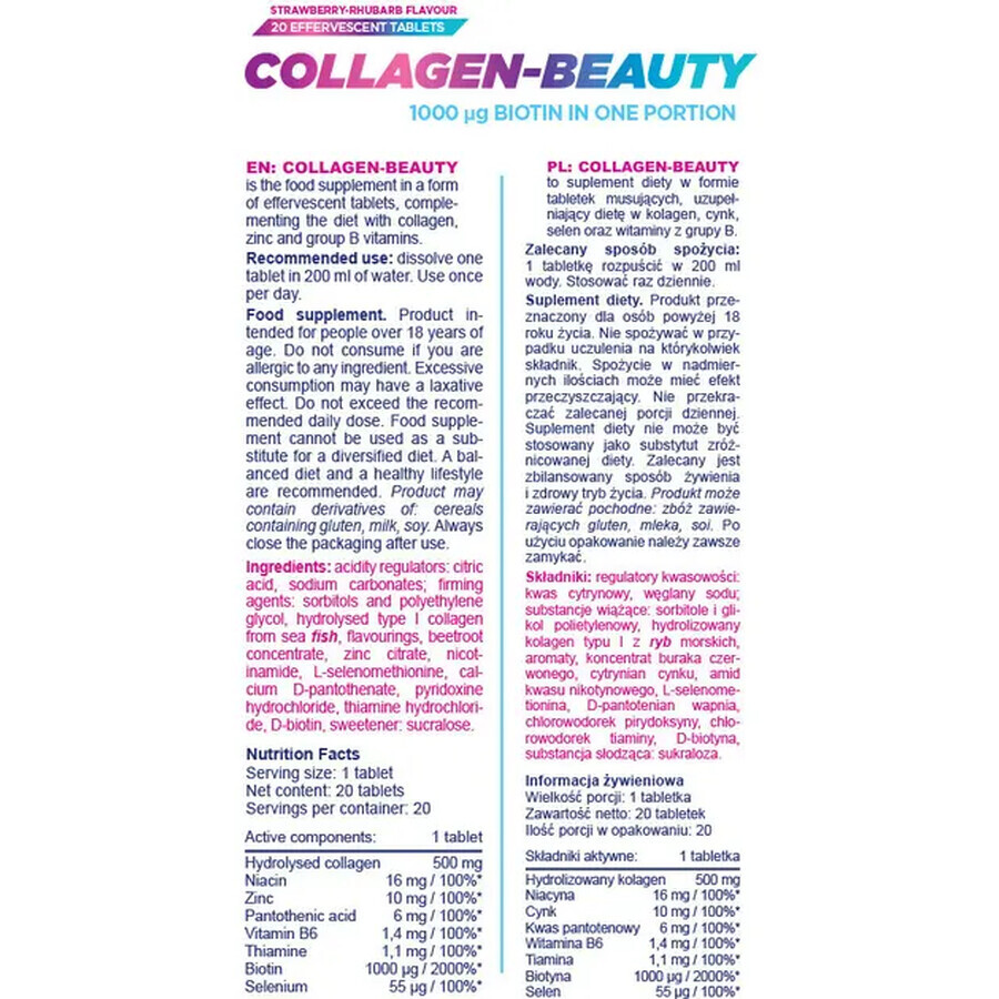 Allnutrition Collagène-Beauté, saveur fraise-rhubarbe, 20 comprimés effervescents