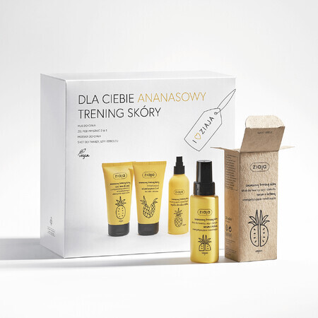 Ziaja, Set di allenamento per la pelle all ananas, Mus per il corpo 160 ml + Gel doccia 160 ml + Spray per il corpo 200 ml + Shot viso 50 ml.