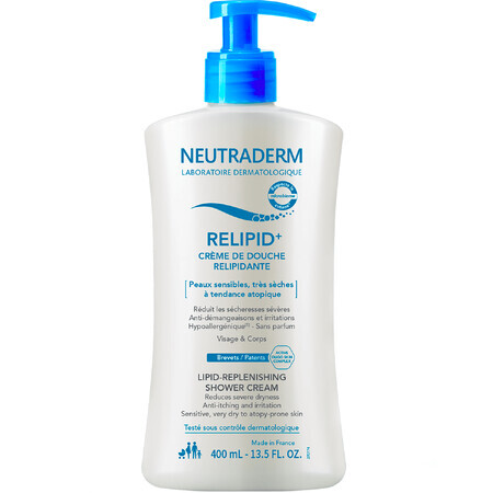 Neutraderm Relipid+, crème nettoyante relipidante pour le visage et le corps, peaux sensibles, très sèches et atopiques, 400 ml