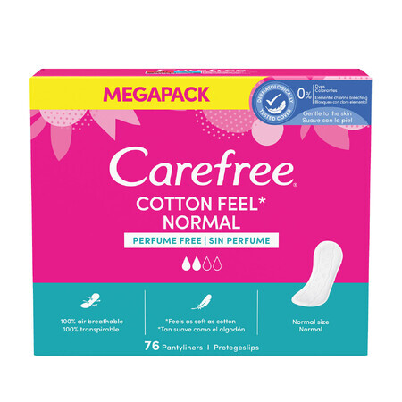 Serviettes hygiéniques Carefree Cotton Feel Normal, non parfumées, 76 pièces