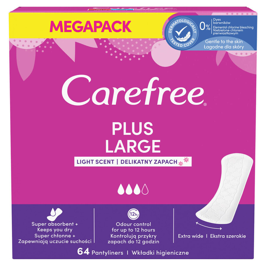 Carefree Plus Large, tampoane igienice, miros ușor/parfum delicat, 64 buc.