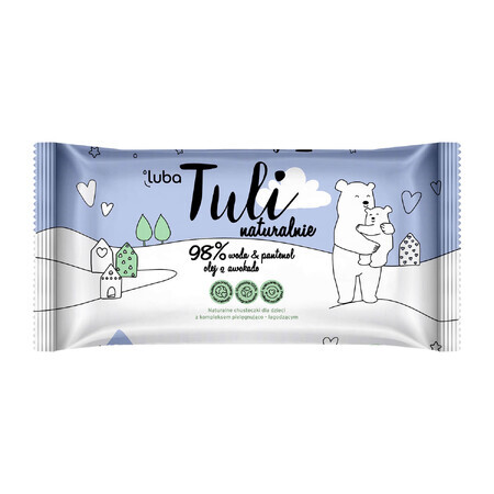 Luba Tuli, lingettes humides naturelles pour bébés, 98% d'eau, panthénol et huile d'avocat, 50 pièces