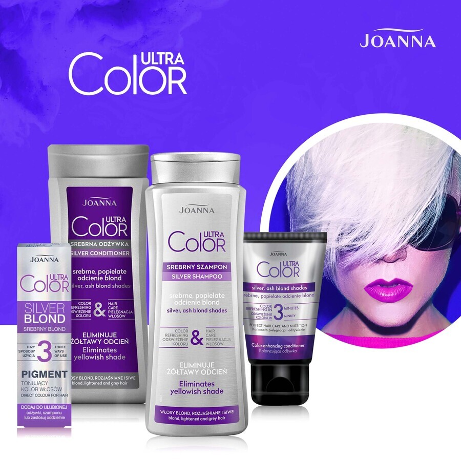 Joanna Ultra Color, après-shampooing argenté pour cheveux blonds, décolorés et gris, nuances argentées, blond cendré, 200 g