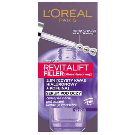 L'Oreal Revitalift Filler, suero para ojos, 2,5% (ácido hialurónico puro + cafeína), 20 ml