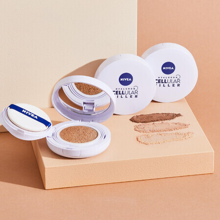 Nivea Cellular Hyaluron Filler 3in1 Care Cushion, fond de teint crème anti-rides dans un coussin, 03 foncé, SPF 15, 15 g