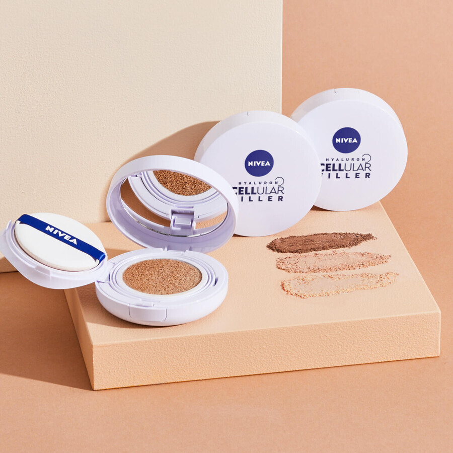 Nivea Cellular Hyaluron Filler 3-in-1 Care Cushion, cremă antirid-primer într-o pernă, 03 dark, SPF 15, 15 g