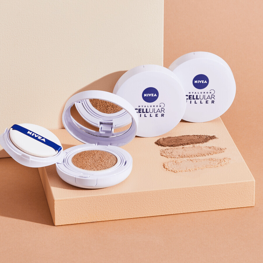 Nivea Cellular Expert Finish 3-in-1 Care Cushion, cremă antirid-primer într-o pernă, 03 dark, SPF 15, 15 g