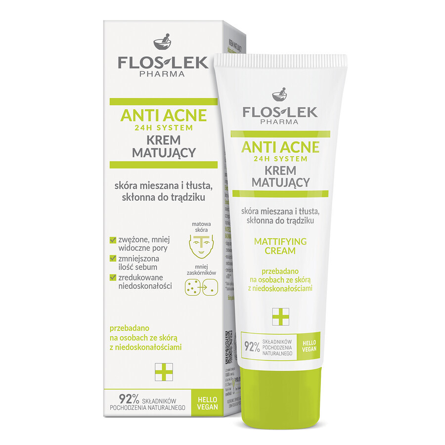 Flos-lek Anti Acne 24h System, crema matificante, piel mixta y grasa, con tendencia acneica, 50 ml ENVASE ROTURA