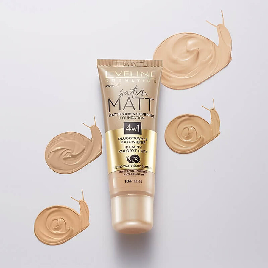 Eveline Cosmetics Satin Matt Foundation, fond de teint matifiant pour le visage, 104 Beige, 30 ml