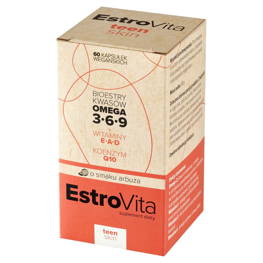 EstroVita Teen Skin, esters d&#39;acides oméga 3-6-9, arôme pastèque, 60 gélules végétaliennes