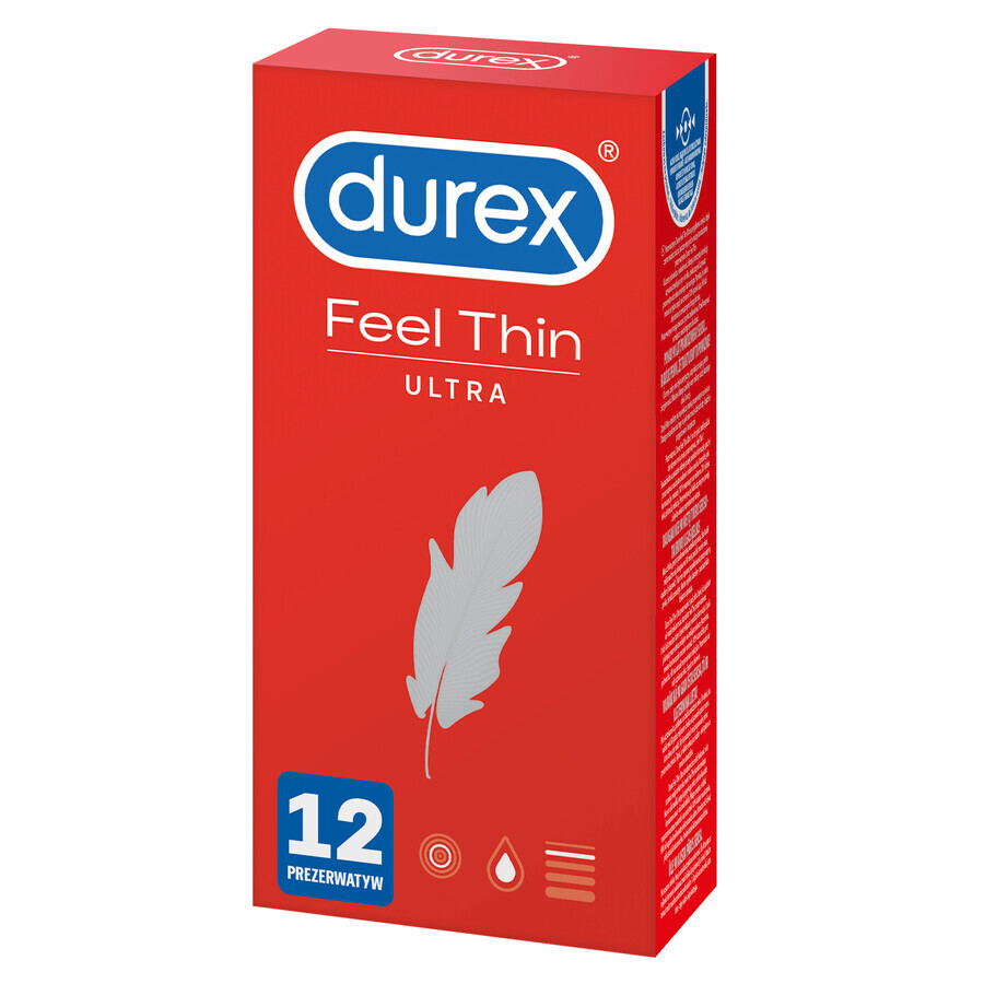 Durex Feel Thin Ultra, préservatifs avec plus de lubrification, ultra-fins, 12 pièces