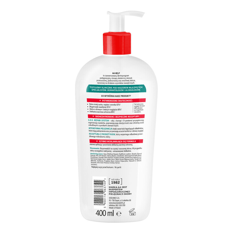 AA Help Baume corporel naturel régénérant, peau sèche, chanvre, 400 ml