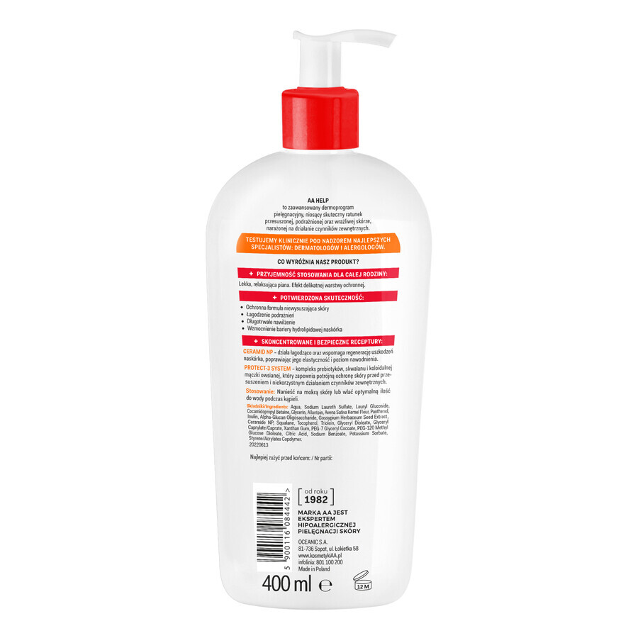 AA Help SOS, liquide de bain apaisant et protecteur 2en1, peau extrêmement sèche, 400 ml