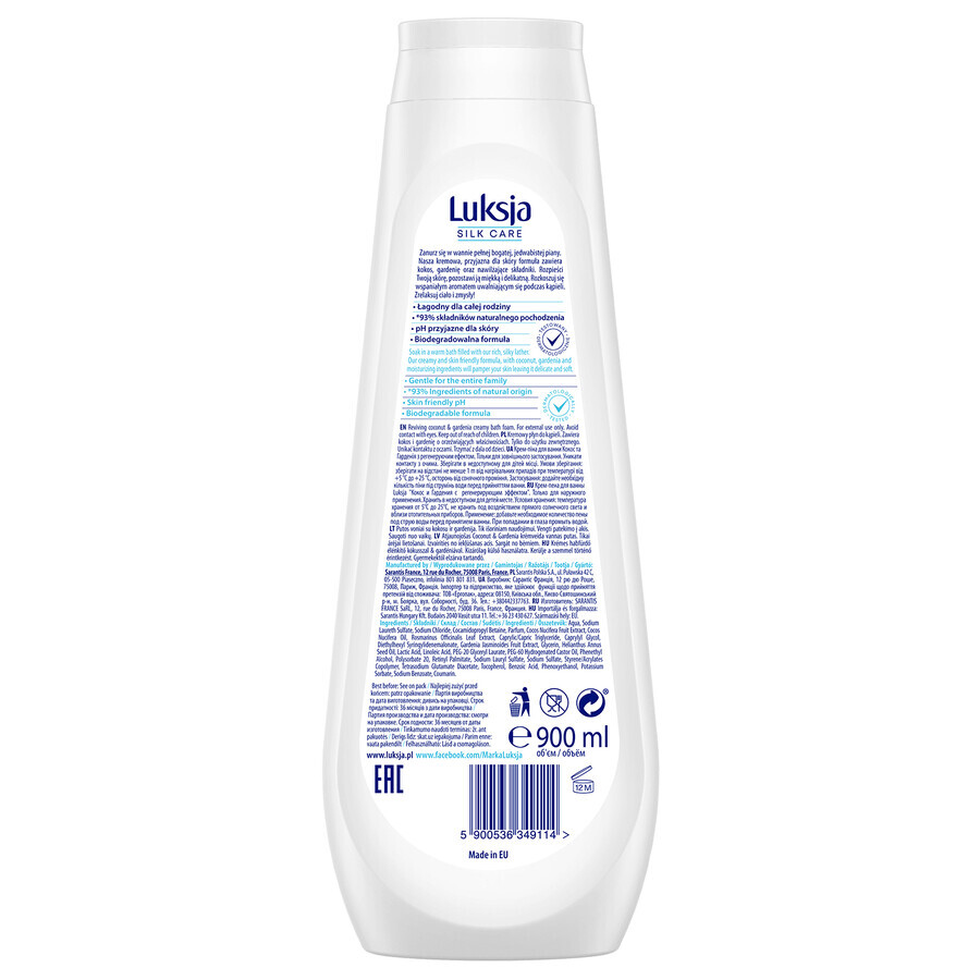 Luksja Silk Care Reviving, liquide de bain crémeux, noix de coco et gardénia, 900 ml