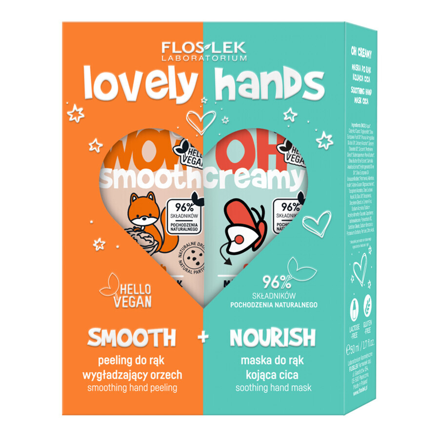 Set Flos-Lek Lovely Hands tratamiento fortalecedor, Wow Smooth, exfoliante de manos alisante, 50 g + Oh Creamy, mascarilla de manos calmante, 50 ml