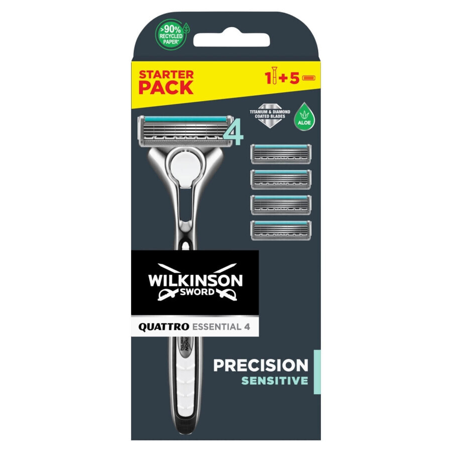 Wilkinson Sword Quattro Titanium Sensitive, rasoir, manche + 5 cartouches de remplacement