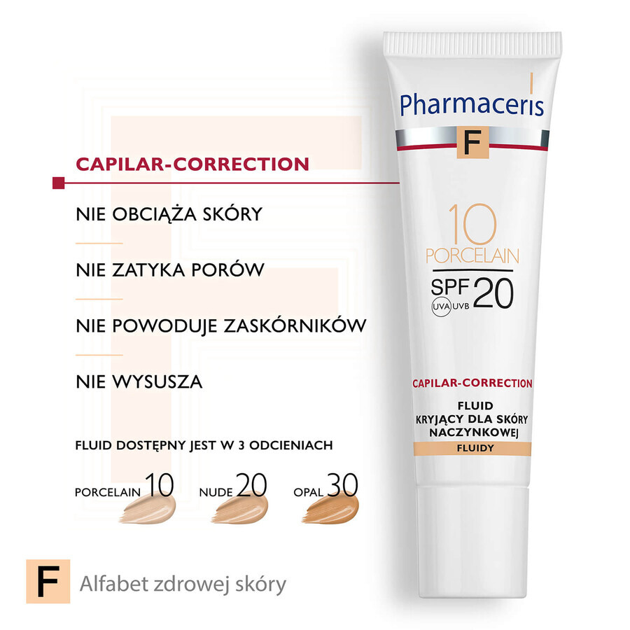 Pharmaceris F, fluid opac pentru piele vasculară SPF 20, nr. 10, porțelan, 30 ml