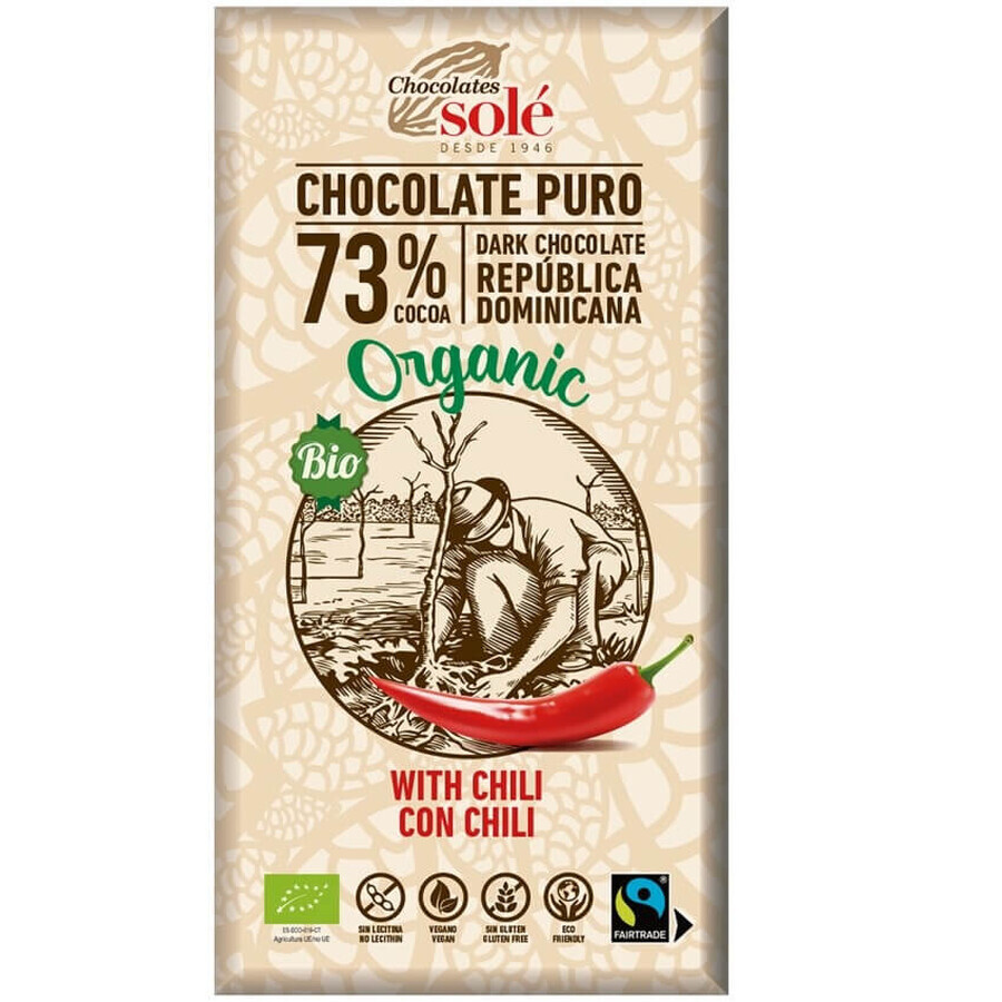 Chocolat noir bio au piment 73% de cacao, 100g, Pronat