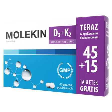 Molekin D3 + K2, vitamine D 2000 UI + vitamine K 75 µg, 45 comprimés enrobés + 15 comprimés offerts