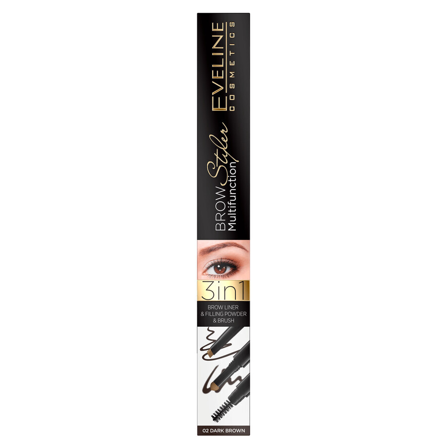 Eveline Cosmetics Brow Multifonction Styler, crayon à sourcils 3en1, 02 Marron, 3 g