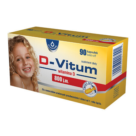 D-Vitum 800 UI, vitamine D pour nouveau-nés prématurés et enfants à partir de 1 an, 90 gélules twist-off