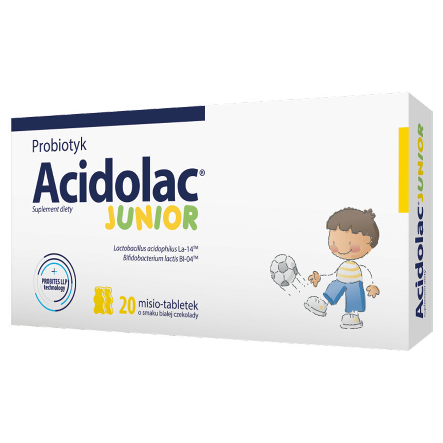 Acidolac Junior, pour les enfants à partir de 3 ans, saveur chocolat blanc, 20 comprimés ours en peluche