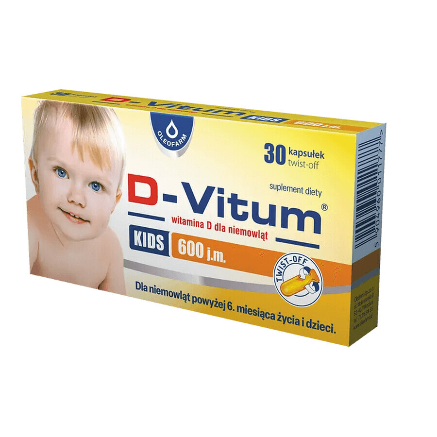D-Vitum Kids 600 UI, vitamina D pentru sugari de peste 6 luni și copii, 30 capsule cu răsucire