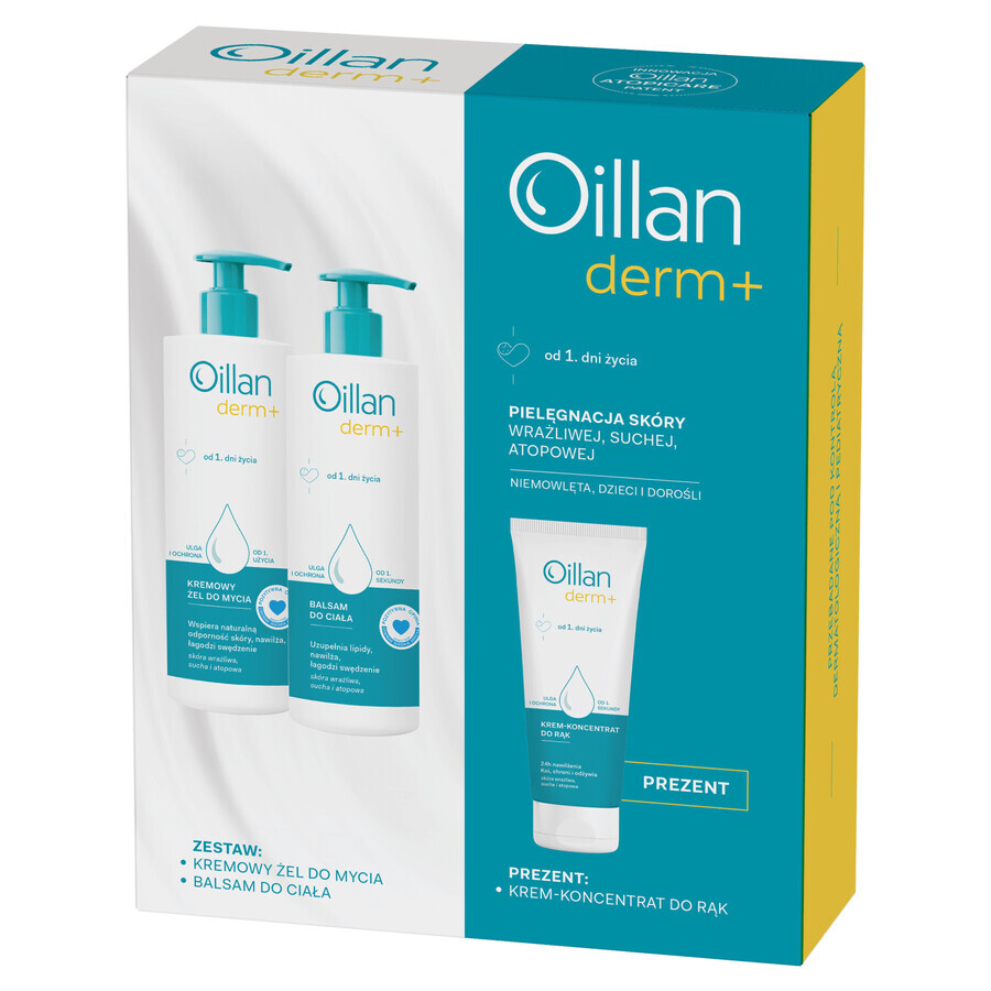 Oillan Derm+ set, romige reinigingsgel, 400 ml + bodylotion, 400 ml + handcrèmeconcentraat, 75 ml als cadeau