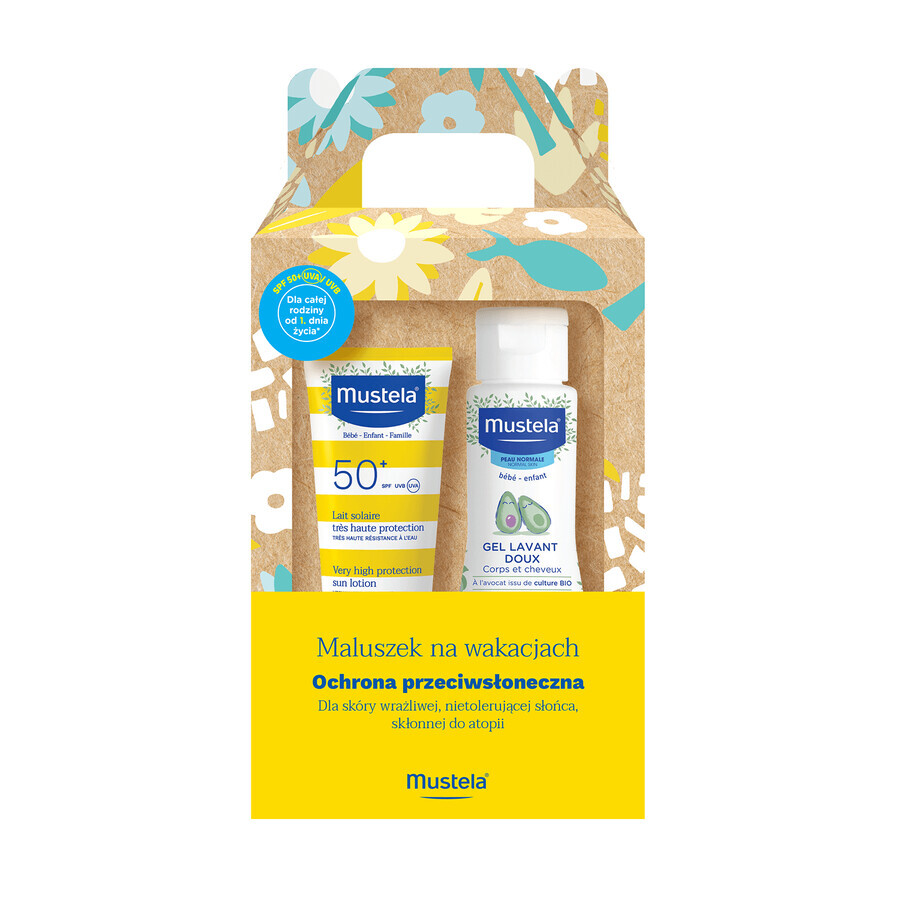 Set Mustela Sun Baby in vacanza, latte solare, SPF 50+, 40 ml + gel lavante, 100 ml