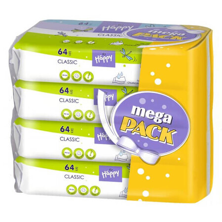 Bella Baby Happy, șervețele umede, alantoină și vitamina E, Classic, 4 x 64 bucăți AMBALAJ DEFECTAT