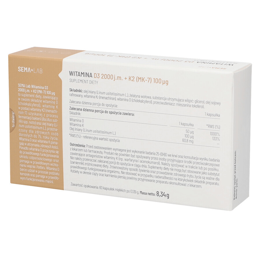 SEMA Lab Vitamine D3 2000 IU + K2 (MK-7) 100 µg, 60 capsules molles SHORT DATE