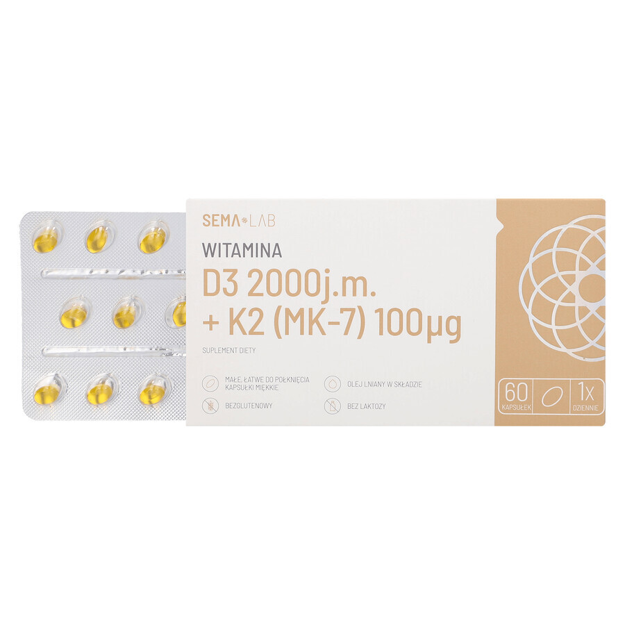 SEMA Lab Vitamine D3 2000 IU + K2 (MK-7) 100 µg, 60 capsules molles SHORT DATE