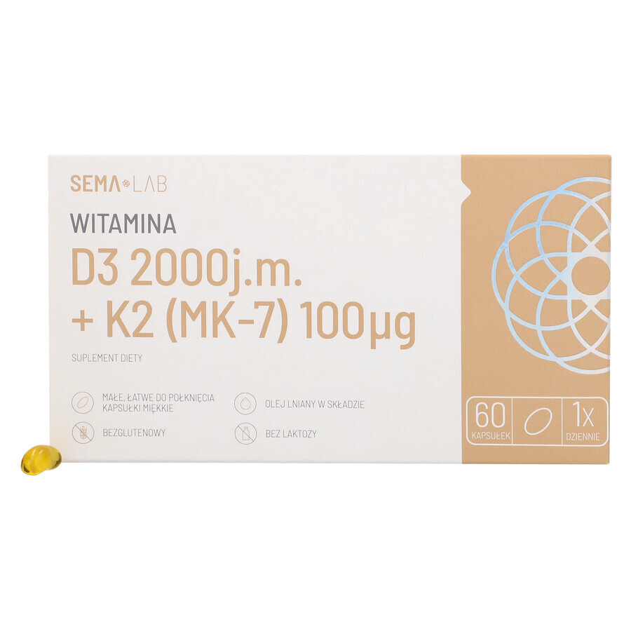 SEMA Lab Vitamine D3 2000 IU + K2 (MK-7) 100 µg, 60 capsules molles SHORT DATE