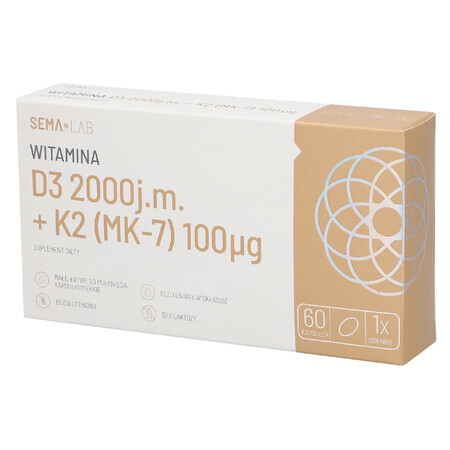 SEMA Lab Vitamine D3 2000 IU + K2 (MK-7) 100 µg, 60 capsules molles SHORT DATE