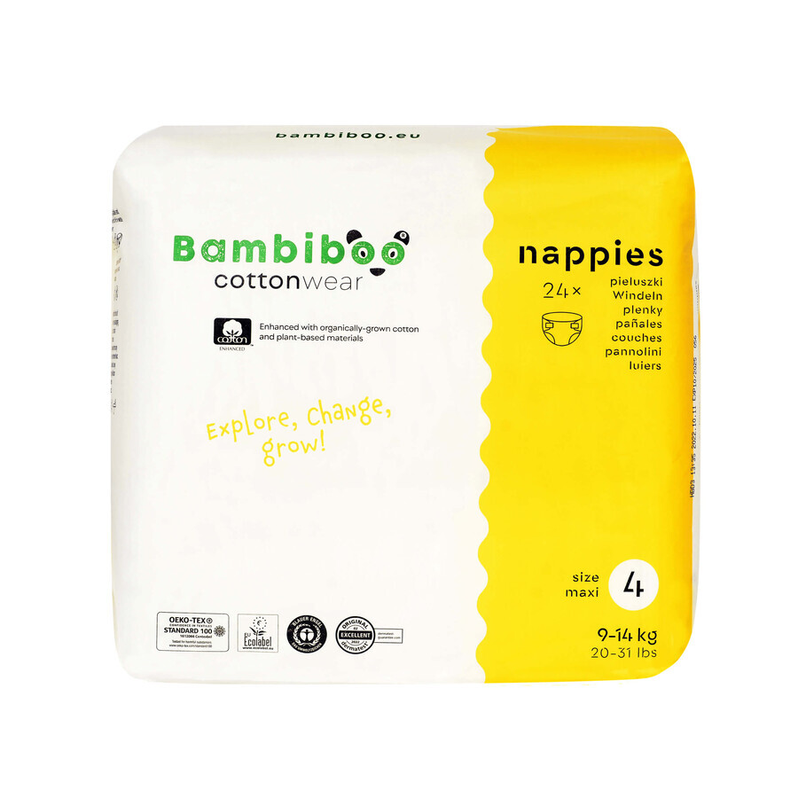 Bambiboo Cottonwear, pañales desechables de algodón orgánico, Maxi, talla 4, 9-14 kg, 24 unidades