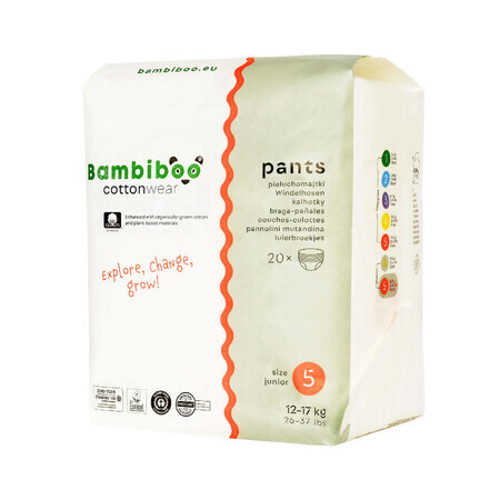 Bambiboo Cottonwear, pannolini usa e getta in cotone biologico, Junior, taglia 5, 12-17 kg, 20 pz.