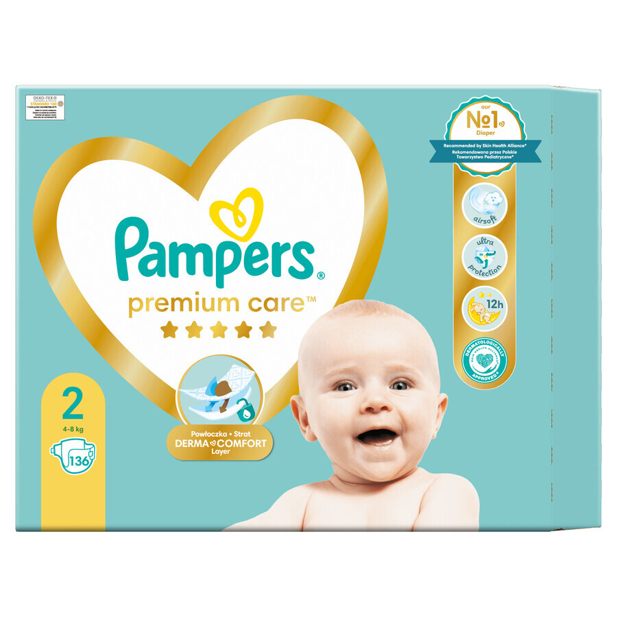 Pampers Premium Care, pañales, talla 2, 4-8 kg, 136 piezas