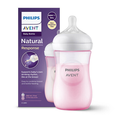 Avent Natural Response, fles met responsieve speen, roze, flow 3, SCY903/11, na 1 maand, 260 ml 