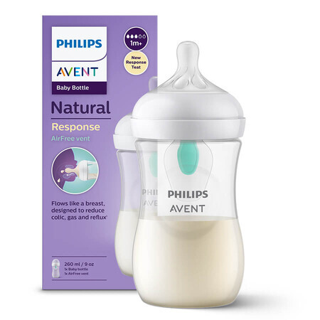 Avent Natural Response, biberon avec tétine réactive, avec valve AirFree, débit 3, SCY673/01, après 1 mois, 260 ml 