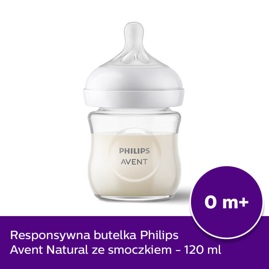 Avent Natural Response, biberon en verre avec tétine réactive, débit 2, SCY930/01, dès la naissance, 120ml 