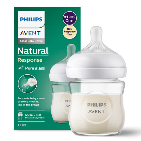 Avent Natural Response, biberon en verre avec tétine réactive, débit 2, SCY930/01, dès la naissance, 120ml 