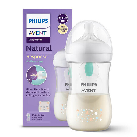 Avent Natural Response, biberon cu tetină reactivă, cu supapă AirFree, ursuleț de pluș, debit 3, SCY673/82, după 1 lună, 260 ml