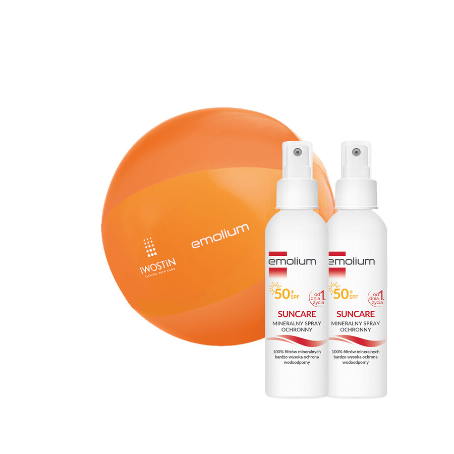 Set solare Emolium, spray protettivo minerale per bambini dal primo giorno di vita e adulti, SPF 50+, 2 x 100 ml + pallone da spiaggia in omaggio