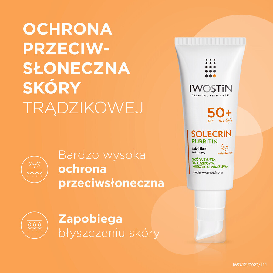 Set Iwostin Solecrin Purritin, fluid ușor matifiant, SPF 50+, 2 x 40 ml + minge de plajă gratuită