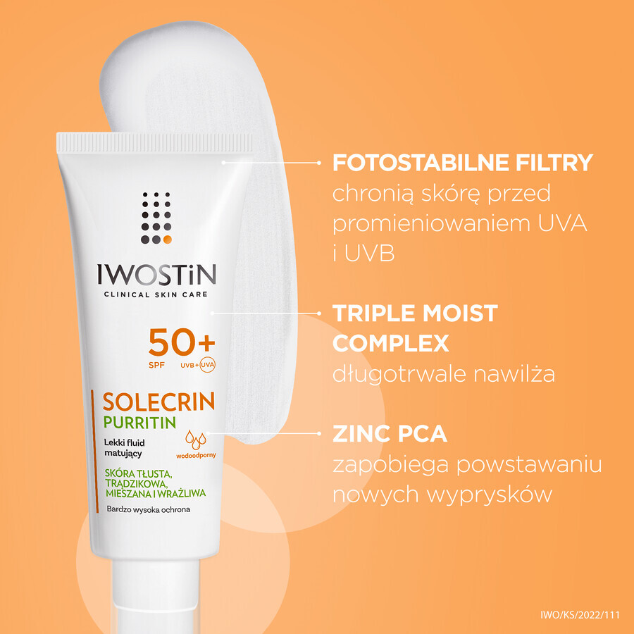 Set Iwostin Solecrin Purritin, fluid ușor matifiant, SPF 50+, 2 x 40 ml + minge de plajă gratuită