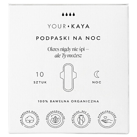 Your KAYA, serviettes hygiéniques en coton biologique, avec ailettes, pour la nuit, 10 pièces